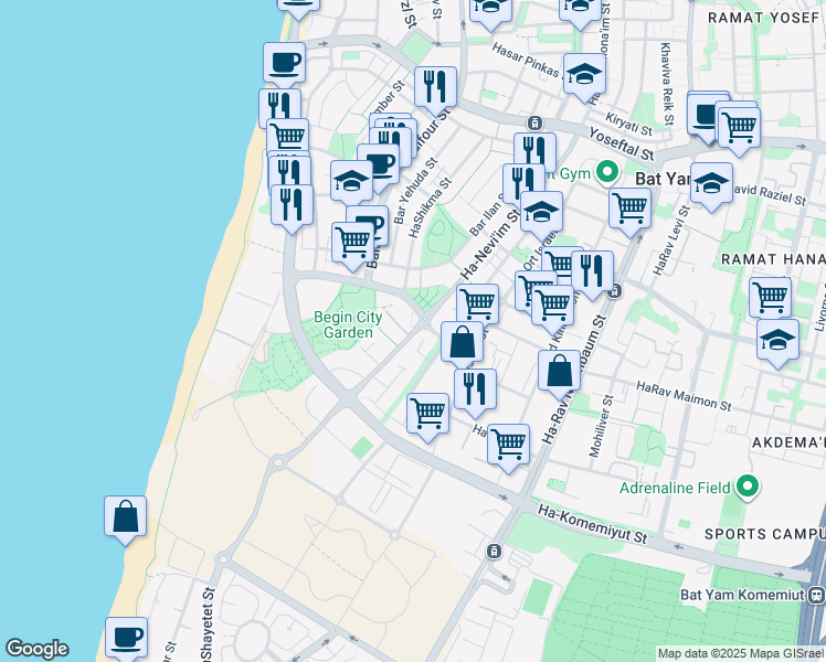 map of restaurants, bars, coffee shops, grocery stores, and more near 60 Ha-Nevi'im Street in Bat Yam