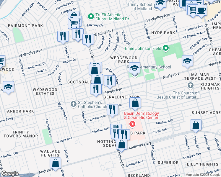 map of restaurants, bars, coffee shops, grocery stores, and more near 4308 Neely Avenue in Midland