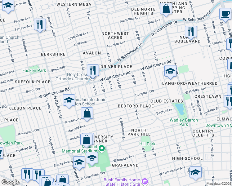 map of restaurants, bars, coffee shops, grocery stores, and more near 1603 North I Street in Midland