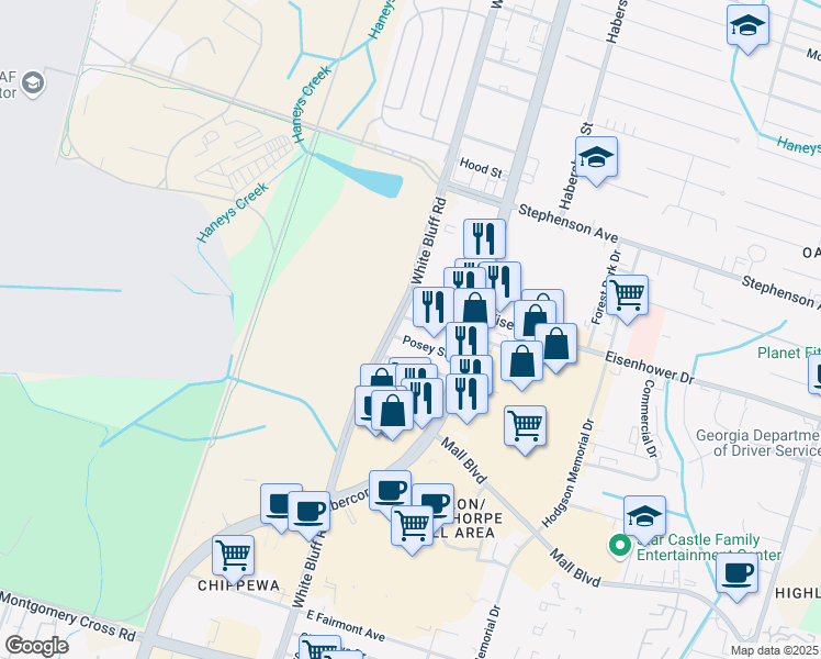 map of restaurants, bars, coffee shops, grocery stores, and more near 2-98 Douglas Street in Savannah