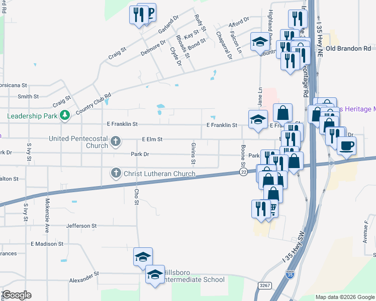 map of restaurants, bars, coffee shops, grocery stores, and more near 1100 East Elm Street in Hillsboro