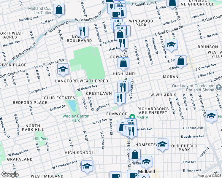 map of restaurants, bars, coffee shops, grocery stores, and more near 502 West Cowden Avenue in Midland
