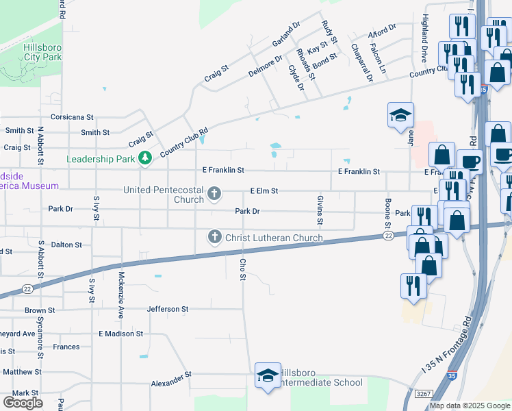 map of restaurants, bars, coffee shops, grocery stores, and more near 1009 East Park Drive in Hillsboro