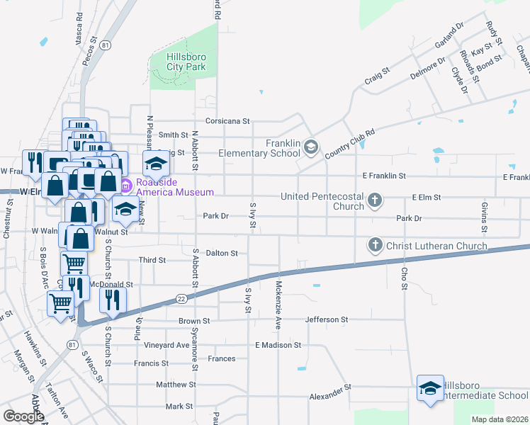 map of restaurants, bars, coffee shops, grocery stores, and more near 609 Park Drive in Hillsboro
