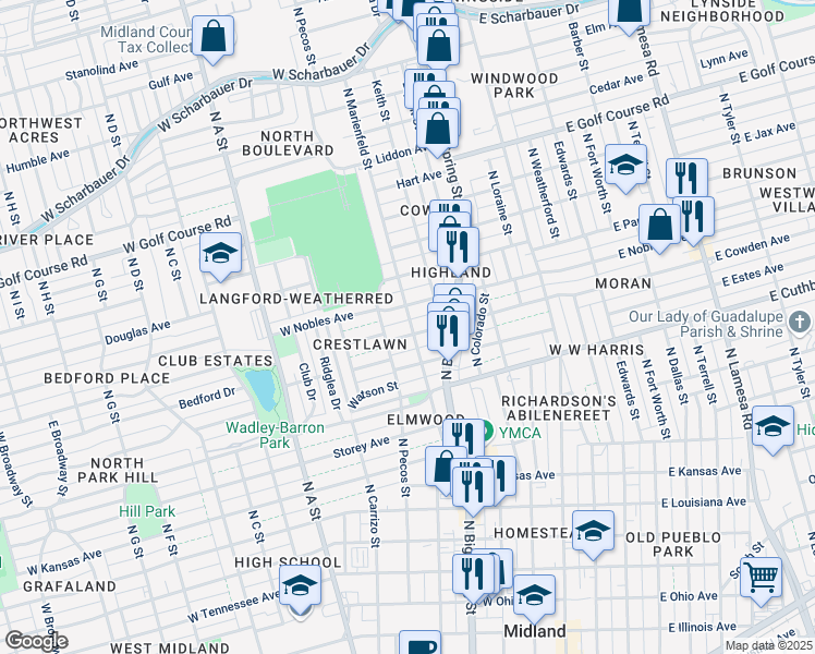 map of restaurants, bars, coffee shops, grocery stores, and more near 502 West Cowden Avenue in Midland