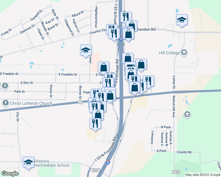map of restaurants, bars, coffee shops, grocery stores, and more near 201 Interstate 35 in Hillsboro