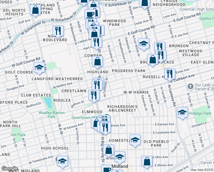map of restaurants, bars, coffee shops, grocery stores, and more near 401 West Cowden Avenue in Midland