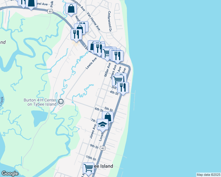 map of restaurants, bars, coffee shops, grocery stores, and more near 303 3rd Street in Tybee Island