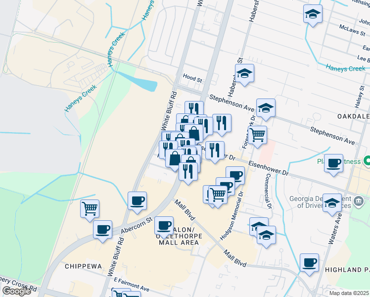 map of restaurants, bars, coffee shops, grocery stores, and more near 7301 Abercorn St in Savannah