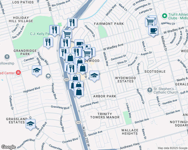 map of restaurants, bars, coffee shops, grocery stores, and more near 5006 Preston Drive in Midland