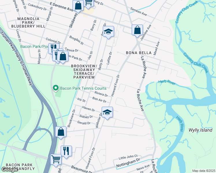 map of restaurants, bars, coffee shops, grocery stores, and more near 25 Silverstone Circle in Savannah