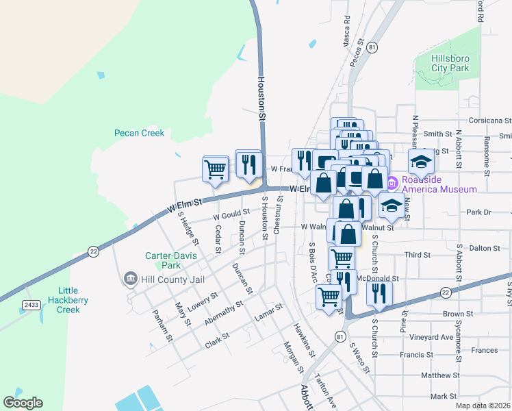 map of restaurants, bars, coffee shops, grocery stores, and more near 112 South Houston Street in Hillsboro