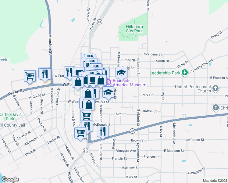 map of restaurants, bars, coffee shops, grocery stores, and more near 110 New Street in Hillsboro