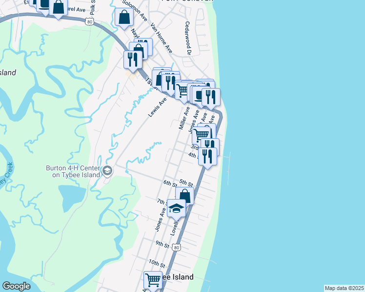 map of restaurants, bars, coffee shops, grocery stores, and more near 303 3rd Street in Tybee Island