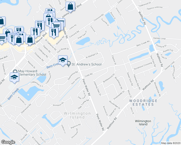 map of restaurants, bars, coffee shops, grocery stores, and more near 1109 Cobb Road in Savannah