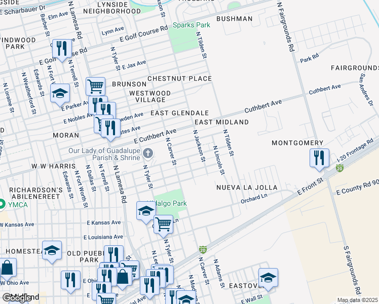 map of restaurants, bars, coffee shops, grocery stores, and more near 1601 Garden Lane in Midland