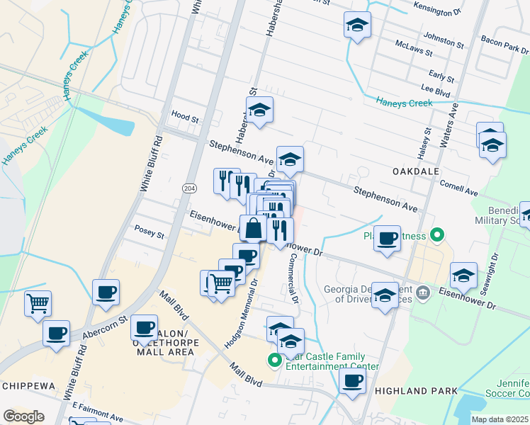 map of restaurants, bars, coffee shops, grocery stores, and more near 6740 Forest Park Drive in Savannah