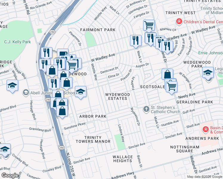 map of restaurants, bars, coffee shops, grocery stores, and more near 4718 Cindy Place in Midland