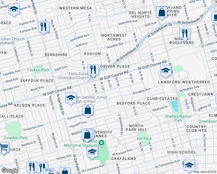 map of restaurants, bars, coffee shops, grocery stores, and more near 1603 North I Street in Midland