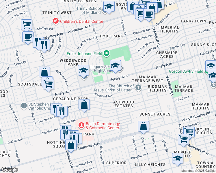 map of restaurants, bars, coffee shops, grocery stores, and more near 3528-3598 Seaboard Avenue in Midland