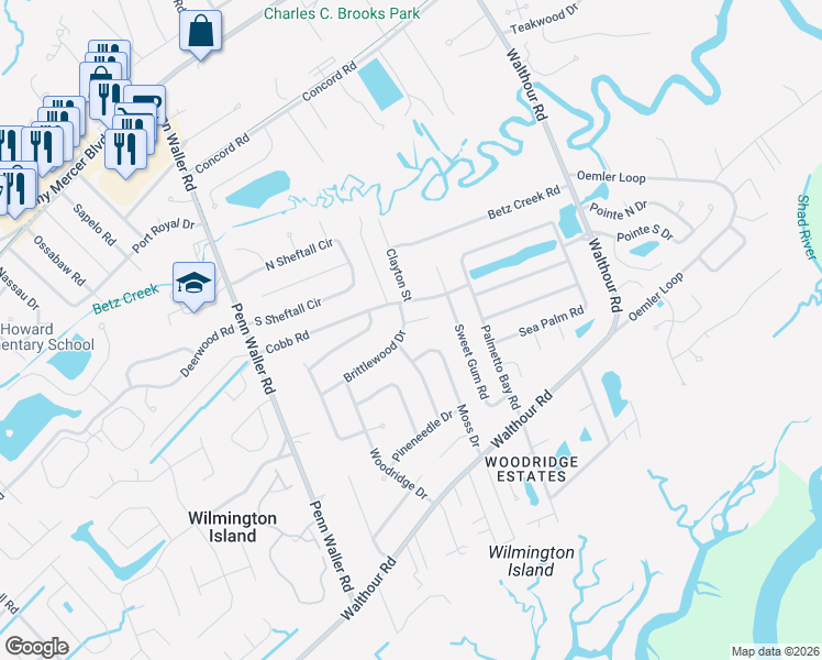map of restaurants, bars, coffee shops, grocery stores, and more near 1 Brittlewood Court in Savannah