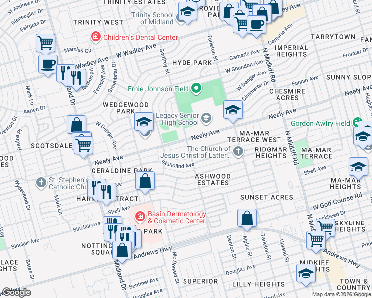 map of restaurants, bars, coffee shops, grocery stores, and more near 3528-3598 Seaboard Avenue in Midland