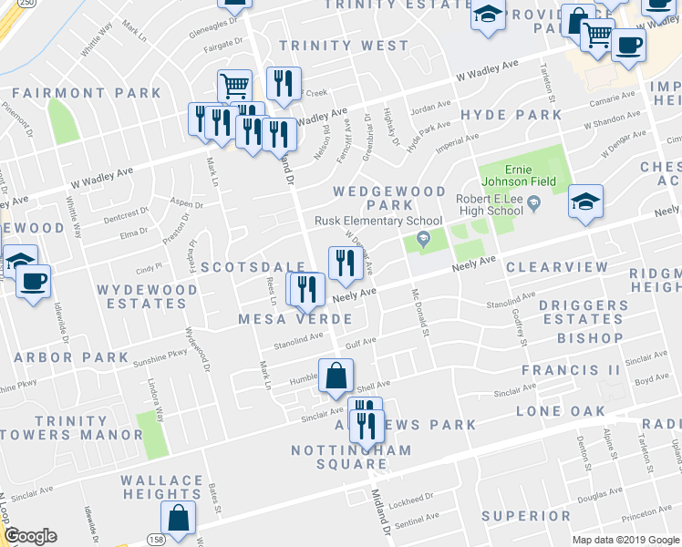 map of restaurants, bars, coffee shops, grocery stores, and more near 4308 Neely Avenue in Midland