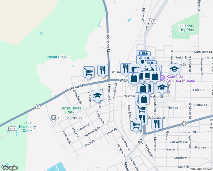 map of restaurants, bars, coffee shops, grocery stores, and more near 112 South Houston Street in Hillsboro