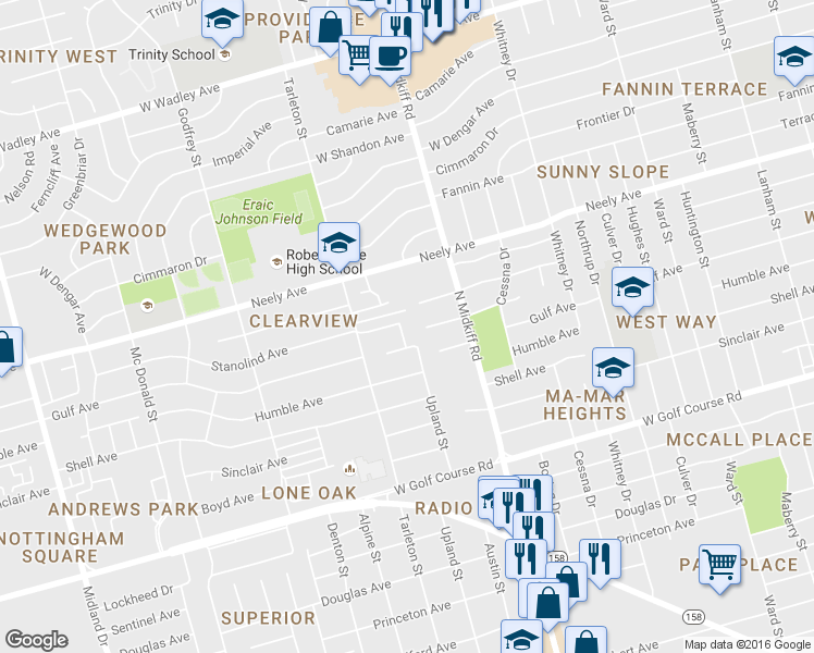 map of restaurants, bars, coffee shops, grocery stores, and more near 2104 Rosita Drive in Midland