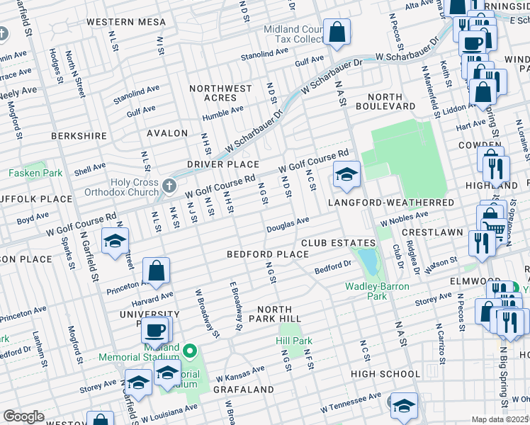 map of restaurants, bars, coffee shops, grocery stores, and more near 1401 Community Lane in Midland