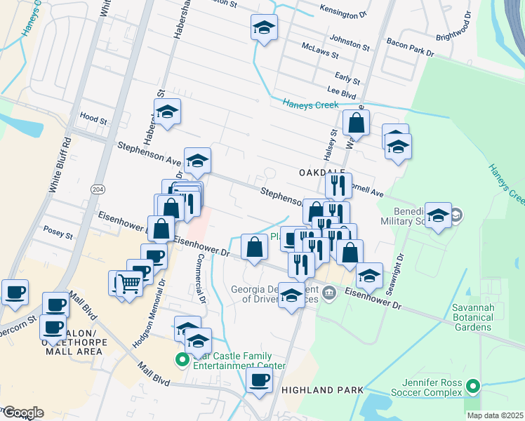 map of restaurants, bars, coffee shops, grocery stores, and more near 6803 Waters Avenue in Savannah