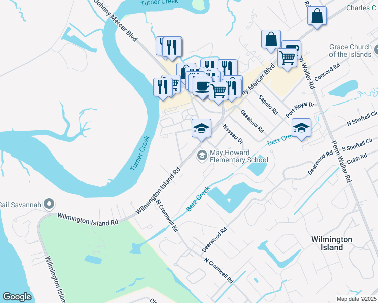 map of restaurants, bars, coffee shops, grocery stores, and more near 170 Wilmington Island Road in Savannah