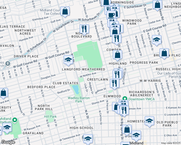map of restaurants, bars, coffee shops, grocery stores, and more near 618 West Nobles Avenue in Midland