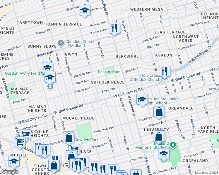 map of restaurants, bars, coffee shops, grocery stores, and more near 2308 Boyd Ave in Midland