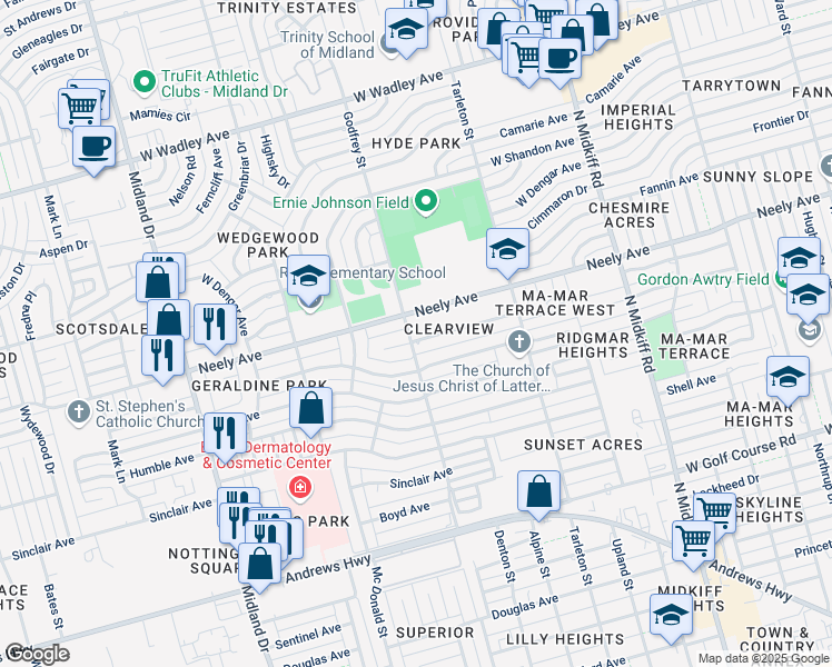 map of restaurants, bars, coffee shops, grocery stores, and more near 3528 Seaboard Avenue in Midland