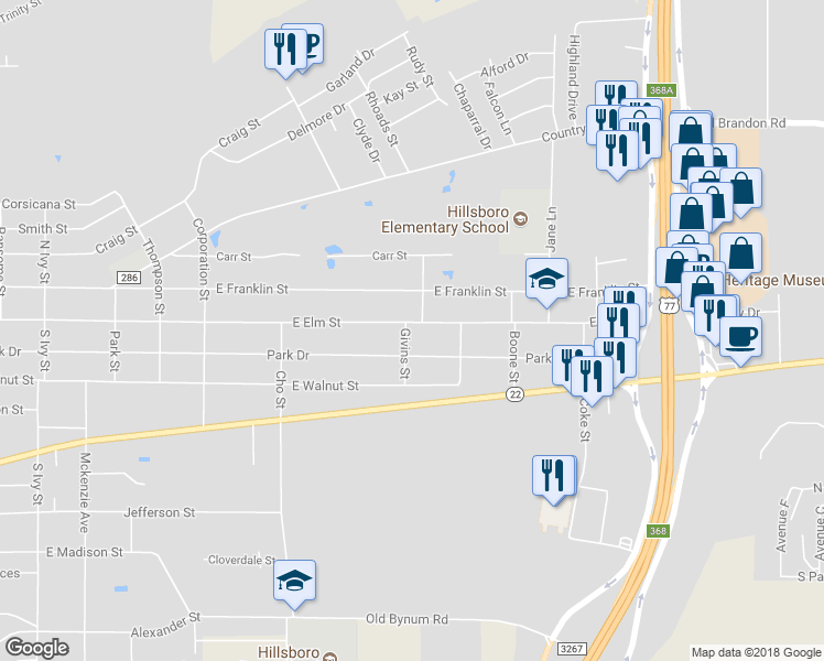 map of restaurants, bars, coffee shops, grocery stores, and more near 1100 East Elm Street in Hillsboro