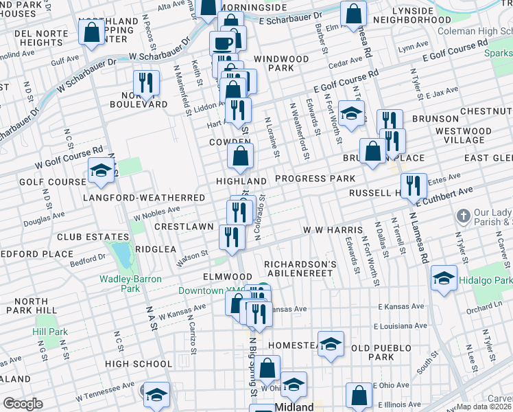map of restaurants, bars, coffee shops, grocery stores, and more near 401-499 West Cowden Avenue in Midland