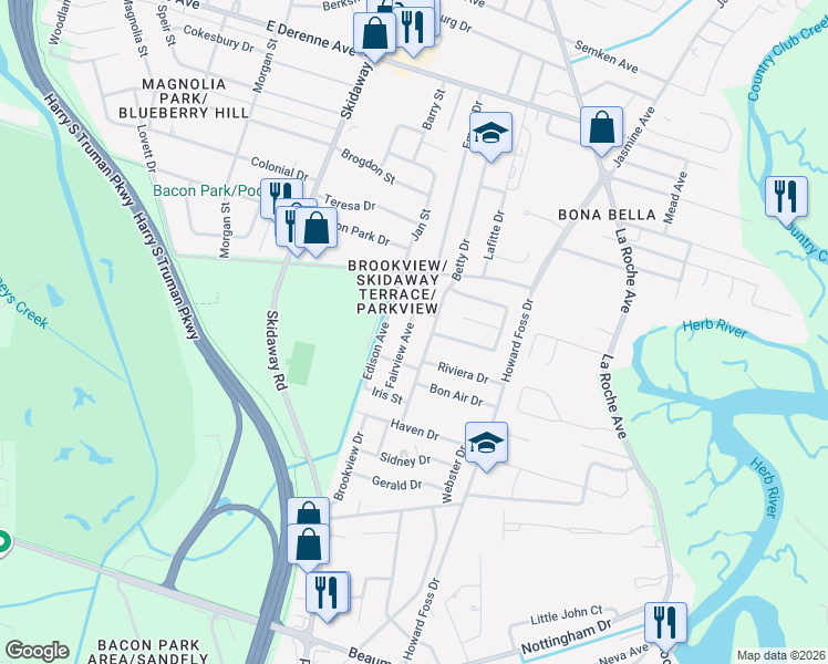 map of restaurants, bars, coffee shops, grocery stores, and more near 5910 Fairview Avenue in Savannah