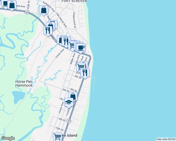 map of restaurants, bars, coffee shops, grocery stores, and more near 1 2nd Terrace in Tybee Island
