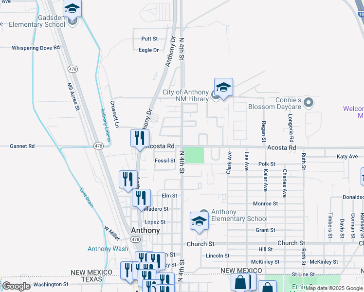 map of restaurants, bars, coffee shops, grocery stores, and more near 500 Acosta Road in Anthony