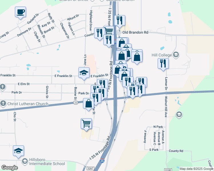 map of restaurants, bars, coffee shops, grocery stores, and more near 201 Interstate 35 Frontage Road in Hillsboro
