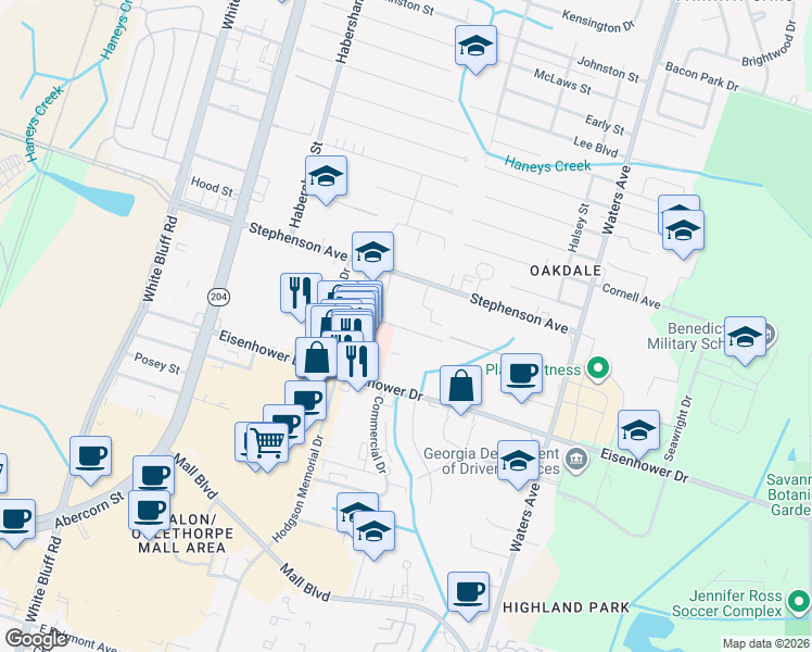 map of restaurants, bars, coffee shops, grocery stores, and more near 330 Hodgson Court in Savannah