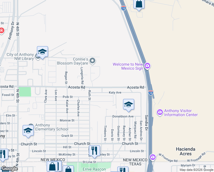 map of restaurants, bars, coffee shops, grocery stores, and more near Water Street in Anthony