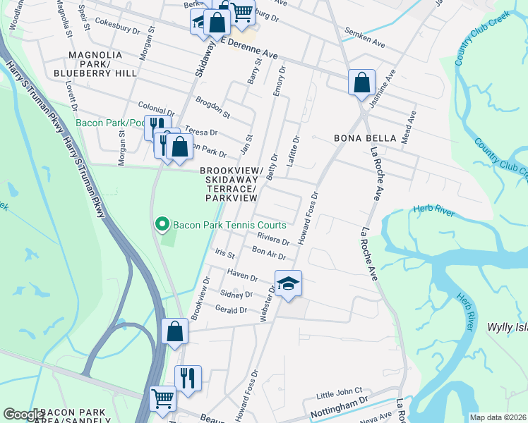 map of restaurants, bars, coffee shops, grocery stores, and more near 41 Silverstone Cir in Savannah
