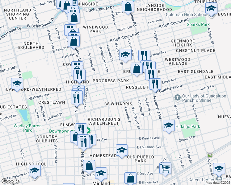 map of restaurants, bars, coffee shops, grocery stores, and more near 1010 N Weatherford St in Midland