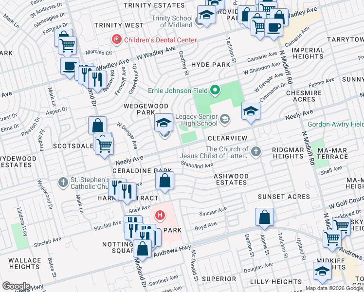 map of restaurants, bars, coffee shops, grocery stores, and more near 2601 Wedgwood Street in Midland