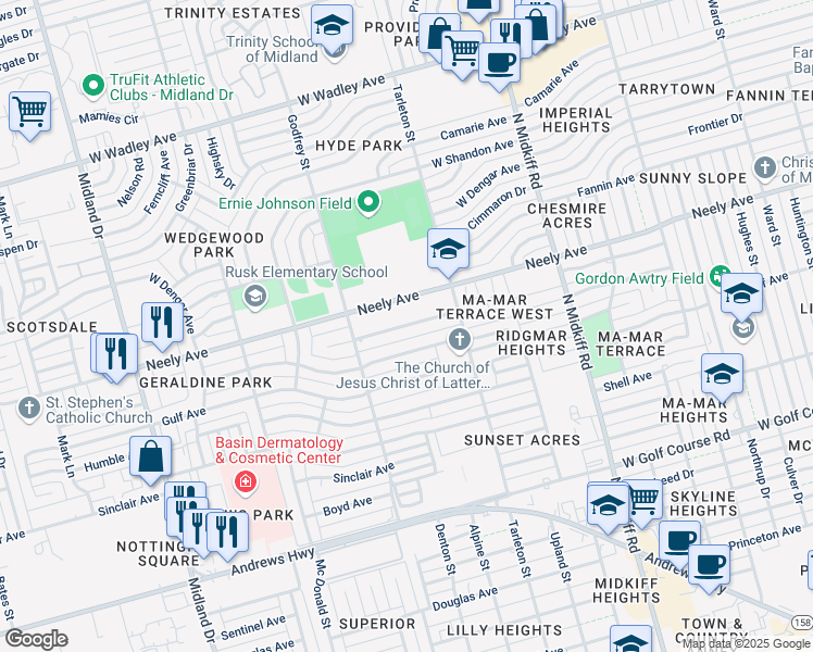 map of restaurants, bars, coffee shops, grocery stores, and more near 3515 Seaboard Avenue in Midland