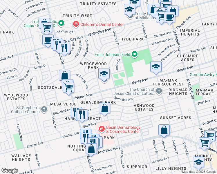 map of restaurants, bars, coffee shops, grocery stores, and more near 2601 Wedgwood Street in Midland