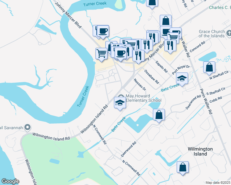 map of restaurants, bars, coffee shops, grocery stores, and more near 115 Wilmington Island Road in Wilmington Island