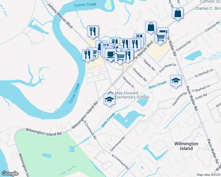 map of restaurants, bars, coffee shops, grocery stores, and more near 115 Wilmington Island Road in Wilmington Island